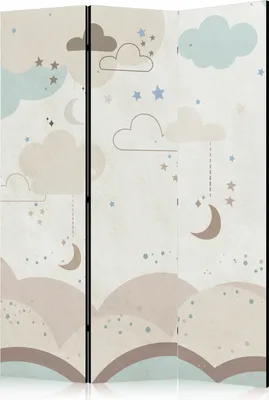 Produktbild von 3-teiliger Einseitiger Vlies Paravent - Cloudy Night Sky - Moons in Browns and Beiges Amid Numerous Clouds and Stars on a Light Background 135x172 cm Für Kinder e-C-10063-z-a