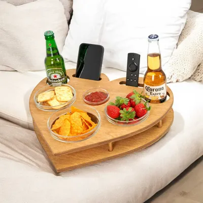 Produktbild von Couchbar Snackbox Herz mit 4 Glasschalen in Eiche | Getränkehalter für Sofa | Snackbar | Couchtablett