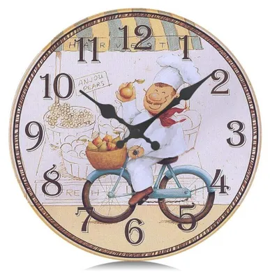 Produktbild von Geräuschlose 30 cm gelbe Holz-Küchenwanduhr, rustikale Quarz-Wanduhr mit Kochmotiv für das Esszimmer