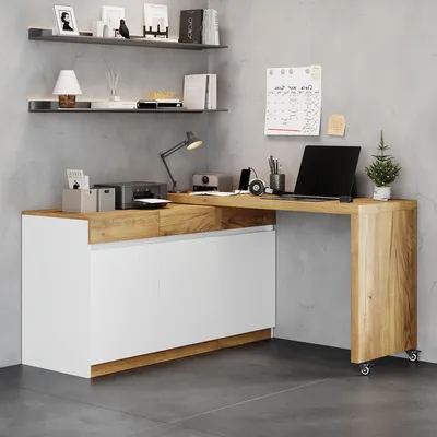 Produktbild von Merax Schreibtisch mit Rollcontainer, drehbare 4 cm Tischplatte, Eckschreibtisch mit 3 Schubladen und 3 Türen, Sideboard, Weiß und Natur