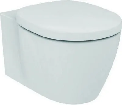 A white wall-mounted toilet with the lid closed, shown from the front.