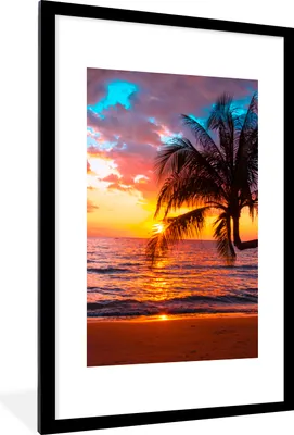 Produktbild von MuchoWow® Gerahmtes Poster Palme - Sonnenuntergang - Strand - Meer - Horizont 60x90 cm - Poster mit Schwarzem Bilderrahmen Wandposter Rahmen Foto Bilder - Dekoration - Wandposter Wohnzimmer - Hochwertig