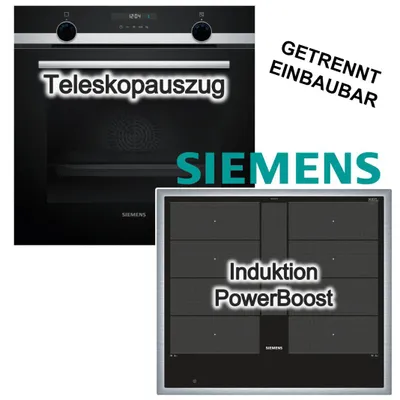 Produktbild von Herdset Siemens Backofen 3D Heißluft Hydrolyse Teleskopauszug + Induktionsfeld PowerBoost Flexzonen
