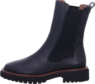 A studio shot of a black leather Chelsea boot.
