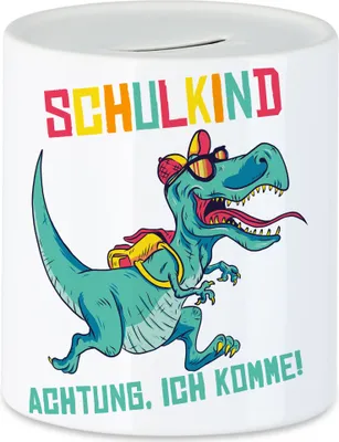Produktbild von Schulkind Achtung Ich Komme Spardose  Einschulungsgeschenk T-Rex Dinosaurier Fans 1. Klasse