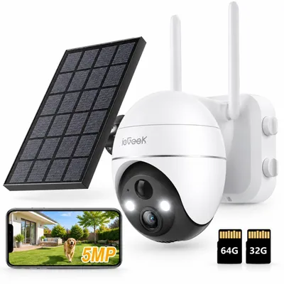 Zdjęcie produktu dla Kamera monitoringu zewnętrznego 2K 5MP, obracana (PTZ), zasilana energią słoneczną, z obrotem o 360°, zasięg 30 metrów, kolorowa nocna obserwacja, detekcja ruchu PIR, kompatybilna z Amazon Alexa, antena WLAN 4DBi, obsługa kart pamięci 32G/64G