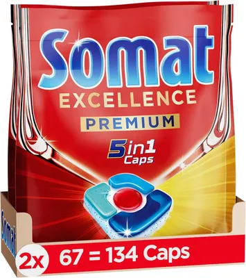 Produktbild von Somat Excellence Premium 5in1 Caps (134 Caps), schnellauflösende Spülmaschinentabs mit Extra Boost, Somat Caps entfernen selbst 72 h eingetrocknete, h