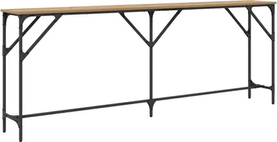 A long, narrow console table with a wooden top and black metal legs, shown against a white background.