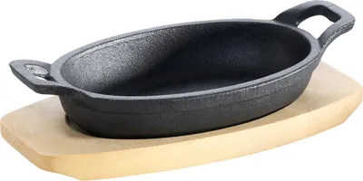 Produktbild von Gusseisenkuss® Gusseisenpfanne mit Griffen und Holzuntersetzer 21x15,5 cm Gusspfanne Gusseisen