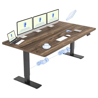 A modern, adjustable standing desk with multiple monitors and a laptop.