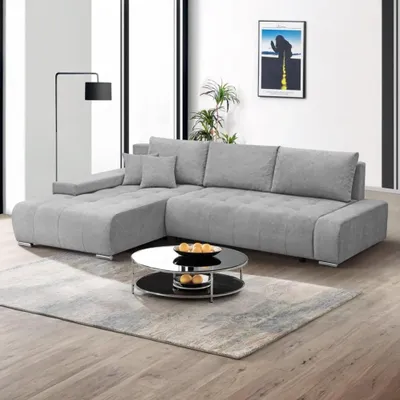 Image de Canapé d'angle DRACO avec fonction sommeil, avec coffre de lit, plusieurs choix de couleurs, tissu : Velo632, couleur : gris clair, ottomane : gauche