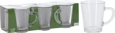 A set of glass mugs in packaging, with one mug shown separately.