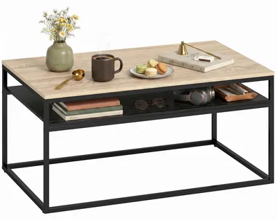 Produktbild von Couchtisch - Wohnzimmertisch mit Ablage - 100 x 59,8 x 47 cm - Rechteckig - Holz mit Metallgestell - Modern Minimalistisch - Schwarz