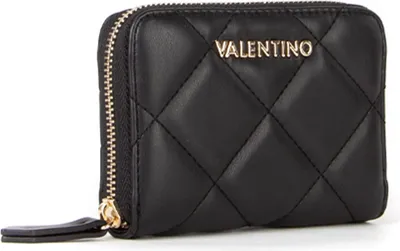 A black quilted wallet with a gold zipper and the Valentino logo.