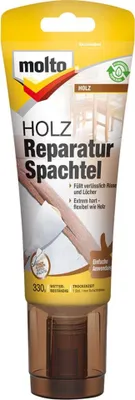 Produktbild von Molto Holz Reparatur Spachtel, Holz, 1 h, Der Untergrund muss sauber, trocken und fettfrei sein. Bei alten Hölzern verwittertes, faules..., Material fest in die Schadstelle drücken und glatt ziehen. Ausgebesserte Stelle anschließend mit..., Benutzte Werkzeuge mit Wasser auswaschen. Reinigungsreste ordnungsgemäß entsorgen., Produkt nur im dichtverschlossenen Originalgebinde, frostfrei und nicht über +30°C lagern.