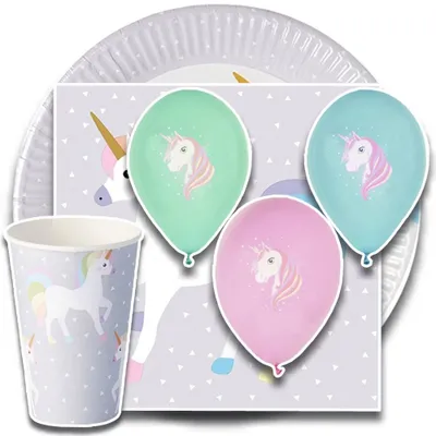 Produktbild von tradingbay24 Party-Set Einhorn (66-teilig: Servietten, Teller, Becher, Luftballons) tbK0017 Unicorn Einweg-Party-Set Party-Deko-Set für Mädchen