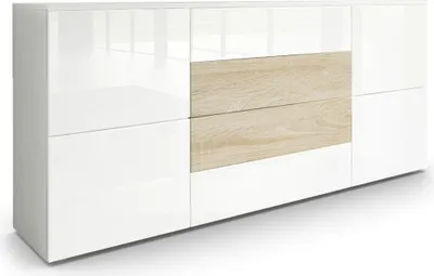 Produktbild von Vladon Sideboard Rova,  Germany, Kommode mit 4 Türen und 4 Schubladen, Weiß matt/Weiß Hochglanz/Eiche sägerau (166 x 72 x 35 cm)