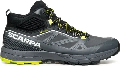Schwarze Herren-Zustiegsschuhe "Rapid Mid GTX" von Scarpa mit gelben Akzenten.