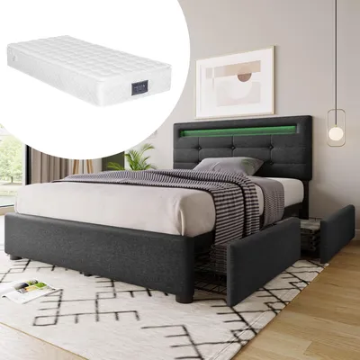 Image de OKWISH Lit avec rangement 90x200 cm - LED et 2 tiroirs - Matelas Inclus - Gris
