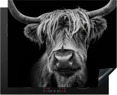 Produktbild von KitchenYeah© Herdabdeckplatte Schottischer Highlander - Hörner - Schwarz - Weiß - Kuh - Wild - Tiere , 65x52cm, Küche Deko, Glaskeramikkochfeld Herdabdeckung, Abdeckplatte fùr Kochfeld