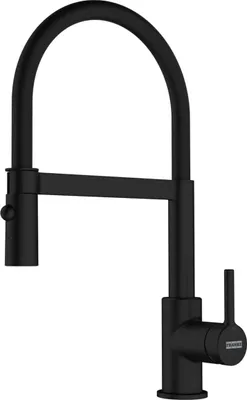 A black kitchen faucet on a white background.