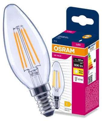 Produktbild von LED-Lampe E14, "Świeczka" Modell, B35, 7W = 60W, 806lm, 2700K (warmweiß), 300° Filament, VALUE, Osram, KI-generiertes Bild