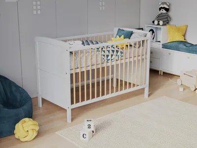 Produktbild von Weiß Kiefer Babybett Gitterbett 120 x 60cm mit Aloe Vera Schaumstoffmatratze, umbaubar zum Juniorbett