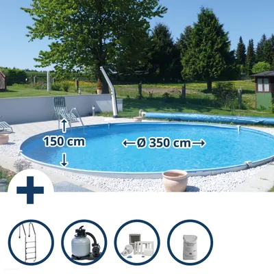 Produktbild von Stahlwandpool Set (7-teilig) tief rund Bahrain 350 x 150 cm, Stahl 0,8 mm weiß Folie 0,6 mm blau