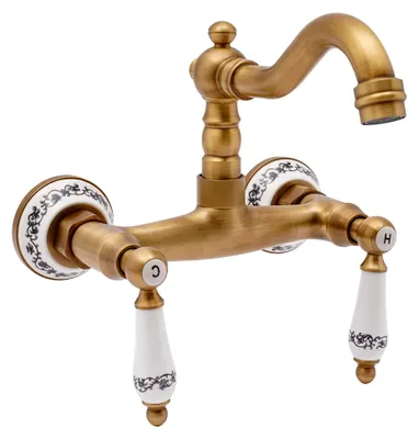 Produktbild von Retro Wasserhahn für Bad und Küche, 180° drehbar, Wandarmatur aus Messing, antik, Doppelhebel Spültischarmatur