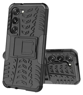 A black phone case with a kickstand is shown against a white background. Another phone case is partially visible in the foreground.