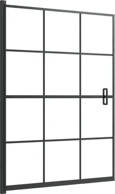 A black framed shower door with a grid pattern.