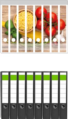 Produktbild von Wallario 8 Stück schmale Ordner inkl. Klebeetiketten mit Motive Spaghetti mit Tomaten, Knoblauch und Basilikum -  Set mit Rückenschildern / Ordnerrücken Stickern