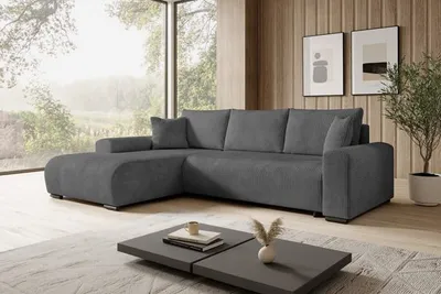 Produktbild von STOREZ24 L-Form Ecksofa NELLY inklusive Schlaffunktion, Ecke mit Bettkasten, Farbe: Dunkelgrau, Seite: links