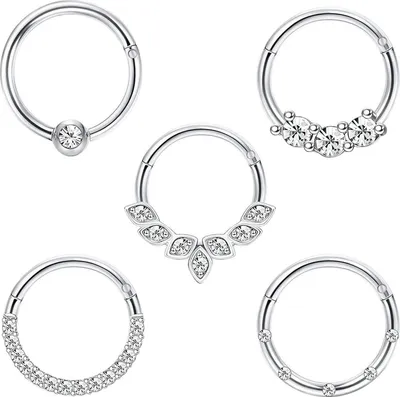 Produktbild von Daith Ohrringe 5er Set Edelstahl 16G Klappsegment Ringe 8mm/10mm Silberton/Schwarz/Gold/Roségold Plattiert CZ