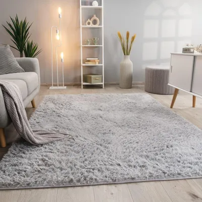 Produktbild von Hochflor Teppich Shaggy waschbar Unifarben Schlafzimmer schmutzabweisend Hellgrau Rechteckig 160x220 | 100% Polyester | Florhöhe: 33 mm | pflegeleicht