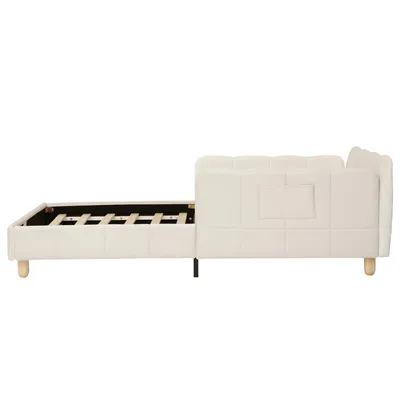 Produktbild von Flieks Kinderbett 90x200cm mit Rausfallschutz, Polsterbett mit Verstellbaren Armlehnen, Einzelbett Holzbett mit Holzbeinen, Samt, Beige