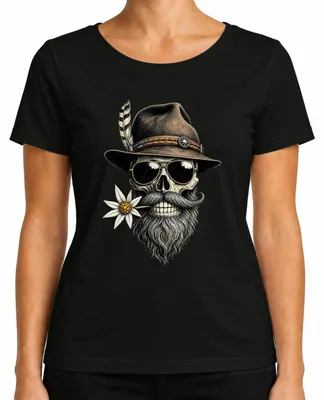 Obrázok produktu pre Totenkopf (lebka), Bart (fúzy), Edelweiss (edelvajs), Trachtenhut (tradičný klobúk), Trachtenshirt (tradičné tričko), Lederhose (kožené nohavice), Alpen (Alpy), Dámske tričko, Čierna, Veľkosť S