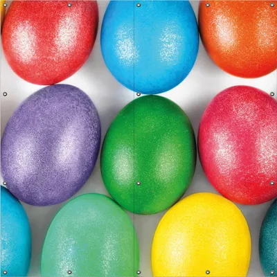 Produktbild von Wallario Outdoor-Poster für Garten oder Balkon, Motiv Bunte Oster-Eier in Nahaufnahme mit kräftigen Farben, in ca. 180 x 180 cm