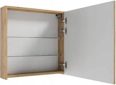 An open bathroom cabinet with shelves and a wooden frame.