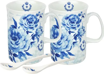 Obrázek produktu pro 2 šálky + lžička modré růže dekor šálky hrnky na kávu dárek porcelán