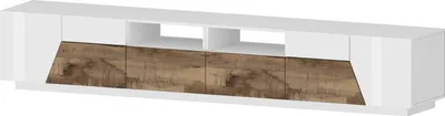Produktbild von Fernsehschrank Dfagiol, Niedriges Sideboard für Wohnzimmer mit 4 Türen, Sockel für TV-Möbel, 100 %  Italy, cm 260x43h46, Weiß glänzend und Ahorn