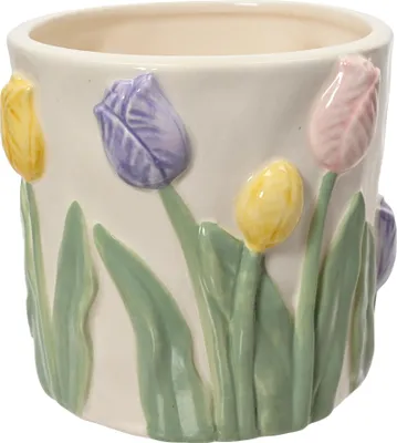 Produktbild von Blumentopf / Übertopf mit Tulpenmotiv 10,8x10cm Keramik Weiß