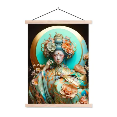 Produktbild von MuchoWow® Textilposter Frau - Kimono - Blumen - Gold - Porträt 60x80 cm mit holzfarbenen Rahmen - Wandbild