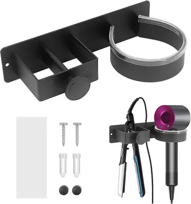 A black wall-mounted organizer for hair dryers and hair straighteners, shown with mounting hardware and a hair dryer and straightener.