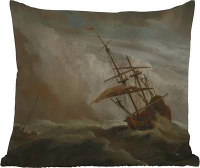 Produktbild von MuchoWow® Outdoor Kissen - Ein Schiff auf offener See während eines Sturms - Gemälde von Willem van de Velde - 50x50 cm - Wetterfest - Lounge Kissen - Komfortabel - Kissen mit Bild