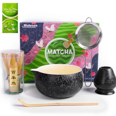Obrázok produktu pre Sada na prípravu matcha čaju, čierna, 5-dielna: miska (chawan), šľahačka a sitko