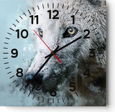 Produktbild von Wanduhr - Quadrat - Glasuhr - Weiß Der Wolf Bild - 30x30cm - Schleichendes Uhrwerk - Lautlos - zum Aufhängen bereit - Dekoration Modern - Wanddekoration aus Glas - C4AC30x30-4623
