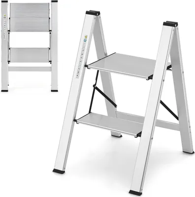 Produktbild von GOPLUS Klapptritt mit 2 Stufen bis 150kg belastbar, Trittleiter aus Aluminium mit rutschfesten Stufen & Fußpolster, Stehleiter mit Sicherheitsschnalle für Küche, Büro & Garage, Silber