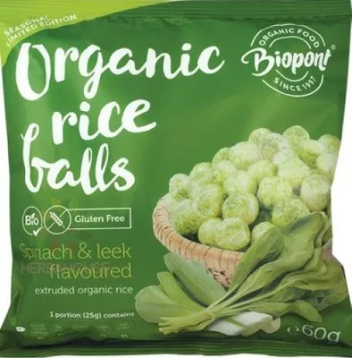 Obrázek produktu pro BiopontExtrudované rýžové kuličky se špenátem a pórkem (60g), 44259