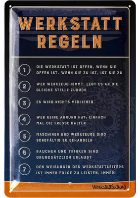 Produktbild von Retro Blechschild Werkstatt Schild - lustige Werkstattregeln für Männer mit den 7 wichtigsten Regeln für die Werkstatt - KFZ Mechaniker